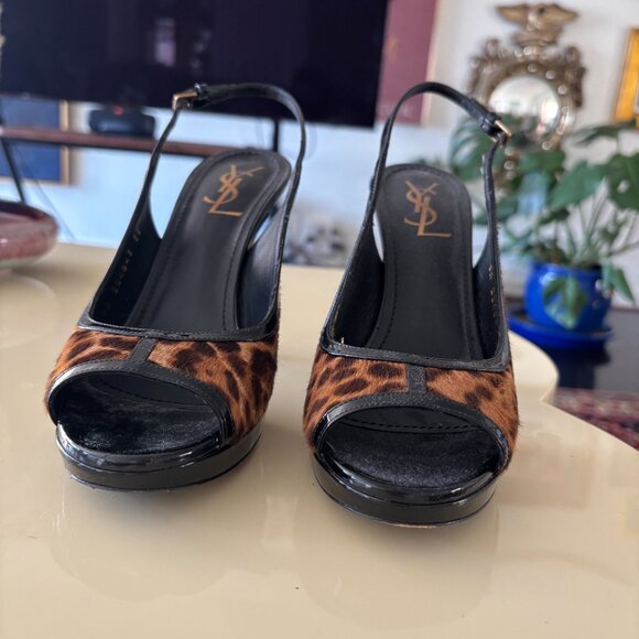 Saint Laurent Leopard Calf Hair Leather Slingback Platform Heels – Size 38 - Picture 5 of 11